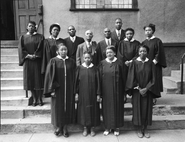 Group portrait of African-American choir on steps in front of Mt. Zion Baptist Church, 548 West Johnson Street.