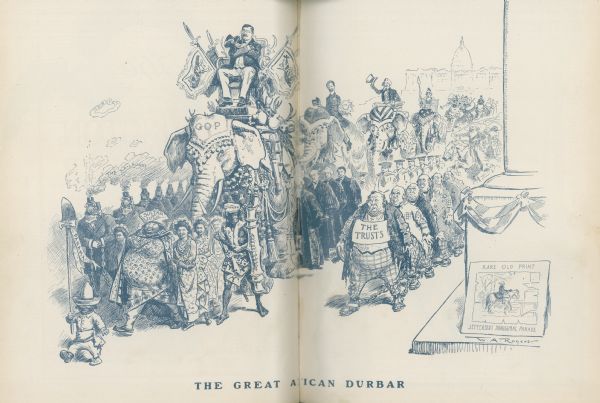 A political cartoon titled "The Great American Durbar", showing a parade of political characters featuring Theodore Roosevelt perched atop an elephant symbolizing the GOP.