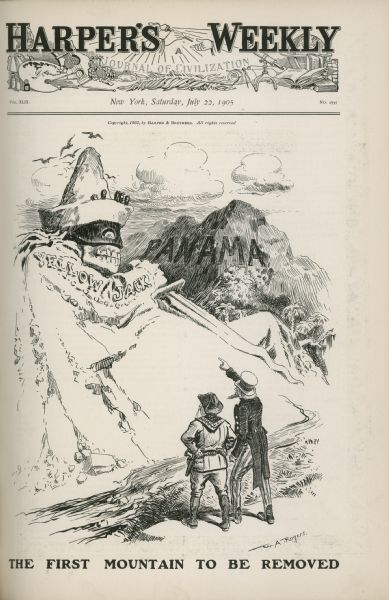 A cartoon titled "The First Mountain To Be Removed" showing Uncle Sam and Theodore Roosevelt looking at a mountain shaped like a skeleton wearing a mask and hat and holding a sword with the words: "Yellow Jack" on his sleeve. Another mountain labeled "Panama" is behind it. Uncle Sam is pointing to the first mountain.