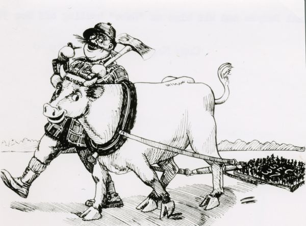 Drawing of Paul Bunyan and his blue ox, Babe, hauling off Section 37. Bunyan has an axe over his shoulder and holds a pipe.