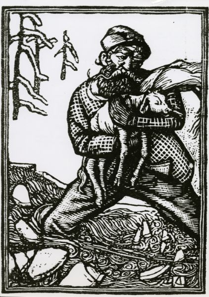 Woodcut illustration of Paul Bunyan carrying his blue ox Babe, when Babe was a calf.