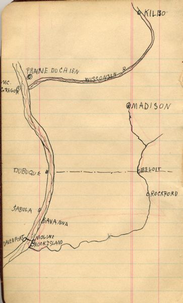 Map drawn by Preston Reynolds of the route taken by him and his traveling companions on the Wisconsin and Mississippi Rivers from Kilbourn, Wisconsin to Rock Island, Illinois, and back to Madison, Wisconsin.