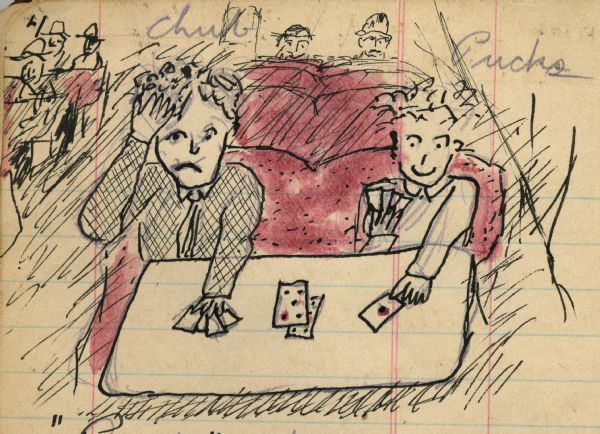 Rolf "Pucks" Anderson and Herbert "Chub" Fowler playing cards on a train.