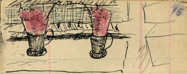 Drawing of two ice cream sodas sitting on a counter.