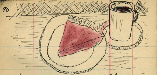 Drawing of a slice of pie and a cup of coffee.