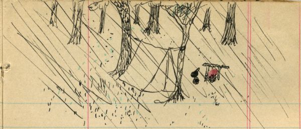 Drawing of a tent stretched between two trees and a fire with cookware in the rain.