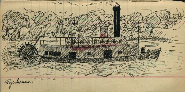 Drawing of the steamboat Weyerhauser on the Mississippi River.