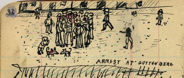 Drawing of the arrest of Herbert "Chub" Fowler in the street in Guttenberg, Iowa. A crowd mills around to watch.