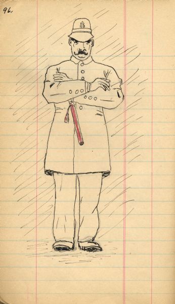 Drawing of a stern-looking, uniformed police officer with arms crossed.