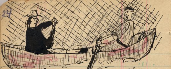 Drawing of two men rowing a boat.