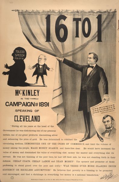 Poster depicting William McKinley, Jr. at Toledo, Ohio, February 12, before the Ohio League of Republican Clubs.