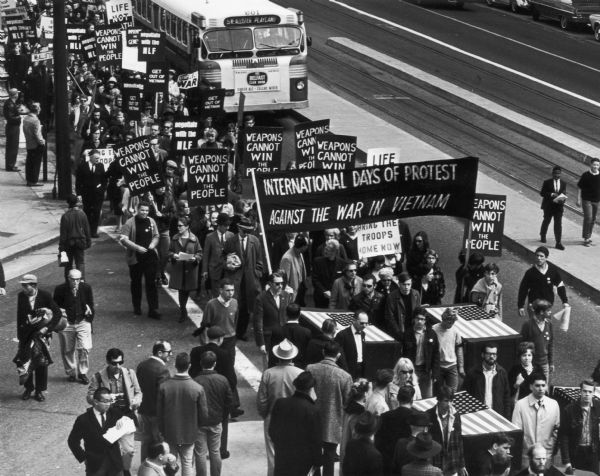 Elevated view of protest march in San Francisco as part of the Second International Days of Protest against the war in Vietnam.