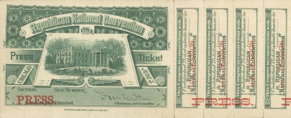 Press ticket for the Republican National Convention in Chicago, decorated with an engraving of the White House.