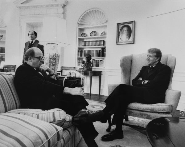 President Jimmy Carter and Wisconsin Senator Gaylord Nelson in the White House Oval Office.