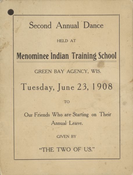 Menominee Training School dance card.