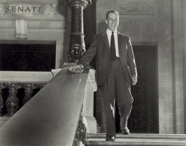 Gaylord Nelson in the Wisconsin State Capitol during the period when he served in the Wisconsin State Senate.  Nelson was later elected governor and U.S. senator.  This portrait was probably taken for use in his unsuccessful campaign for Congress in 1954.