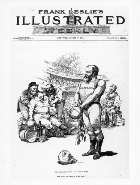 Political cartoon for presidential campaign. Pro-Benjamin Harrison, anti-Grover Cleveland. Shows "John Bull" (Cleveland was labeled "The English Candidate") in Cleveland's corner along with his Vice-Presidential running mate, Adalai Stevenson.