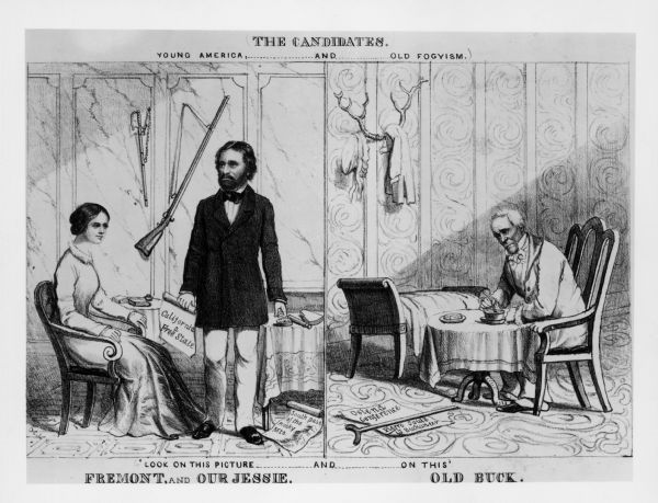 Political cartoon for Presidential Campaign that is Pro-Fremont, anti-Buchanan. John C. Fremont, Republican, and his wife Jessie Benton Fremont, are shown representing "Young America". James Buchanan, Democrat, is shown as the representative of "Old Fogyism". This was the first election in which a Republican ran as a candidate. Fremont, the Republican, was defeated.