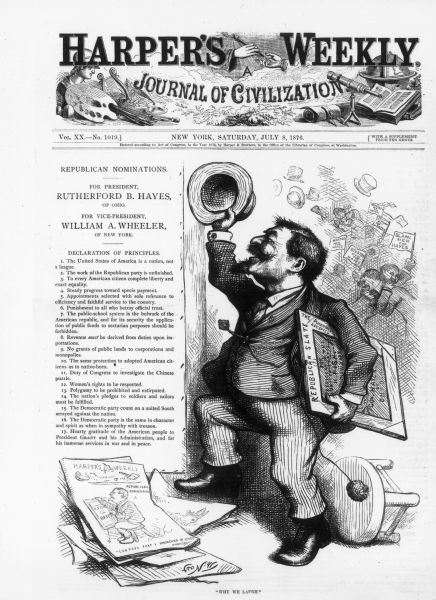 Political cartoon for presidential campaign. The cartoon depicts the artist rejoicing over the nomination of Hayes and the declaration of republican principles, is typical of Thomas Nast's pro-republican cartoons of the period.