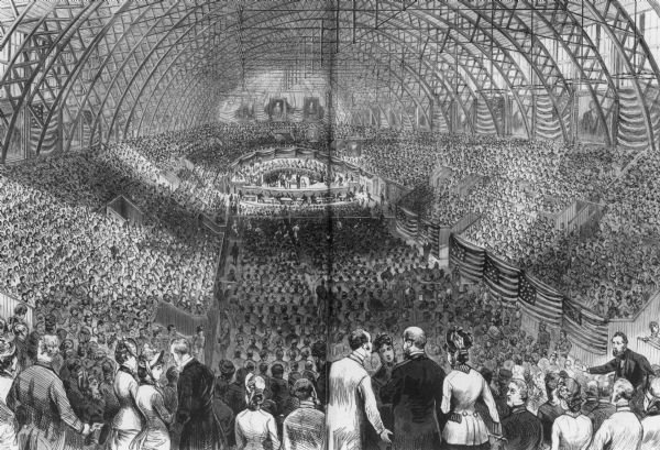Illustration of Honorary George F. Hoar addressing a huge crowd of delegates at the National Republican Convention.
