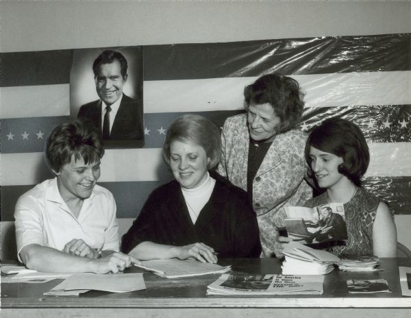 Workers at the Richard M. Nixon campaign headquarters in Eau Claire are, from left: Mrs. Owen Ayers, Mrs. Donald Stokes, Mrs. William Storck, and Linda Johnson.