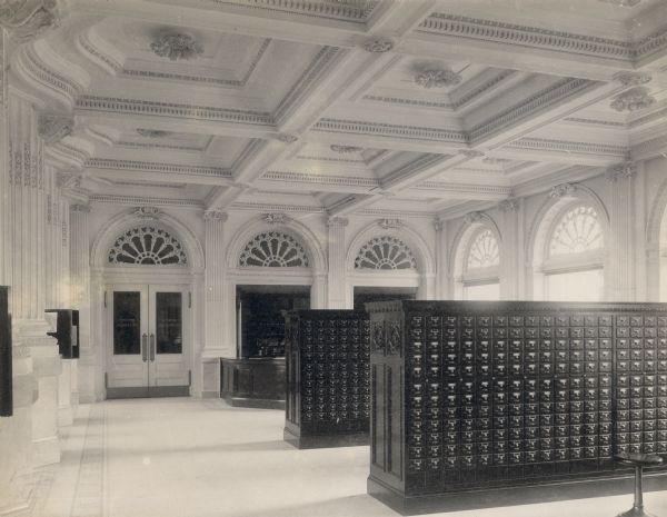 Interior of the Wisconsin Historical Society's library with a view of the card catalogs.