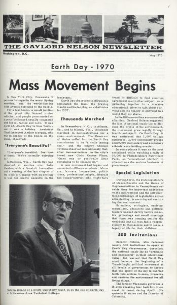 The front page of "The Gaylord Nelson Newsletter" announcing Earth Day 1970, with the headline: "Mass Movement Begins."