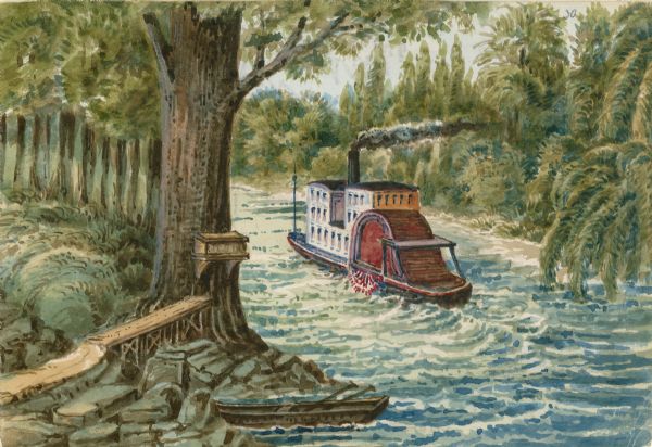 Departing from Lake Winnebago, Hölzlhuber boarded the <i>Plymouth</i>, a high, narrow steamboat that was built specially for navigating the narrow and sometimes overgrown Fox River. The steamer accommodated about forty passengers on the two lower decks. The boat stopped three times on the route so that a crew member could row to the bank where rain-proof mailboxes attached to trees held mail from surrounding farms. 

Taken from Hölzlhuber's description of the scene, translated by Vera Kroner.