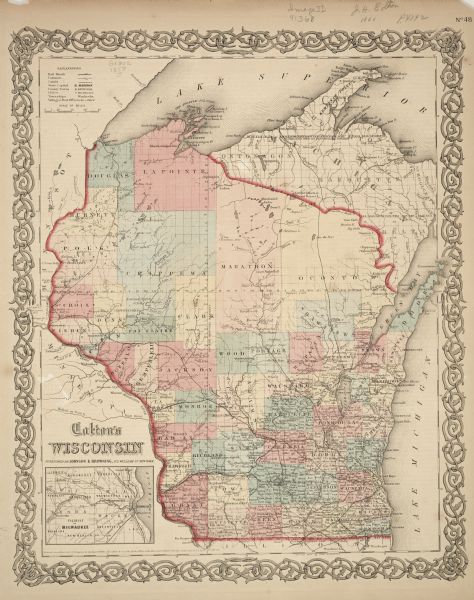This 1859 railroad map shows counties, cities, rivers and lakes in the entire state of Wisconsin. It includes an inset depicting the railroads in Milwaukee that connected Brookfield, Wauwautosa, Waukesha, Menomonee, Pewaukee, New Berlin, Granville and Lisbon.