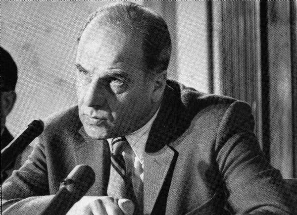 Close-up of Gaylord Nelson, chairman of the Monopoly Subcommittee of the Select Small Business Committee, during hearings on the pharmaceutical industry.