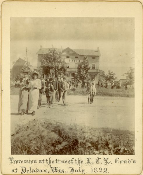 Procession of children and adults at the second convention of the Wisconsin Loyal Temperance League at Delavan. The LTL was a branch of the Women's Christian Temperance Union dedicated to the temperance education of children.