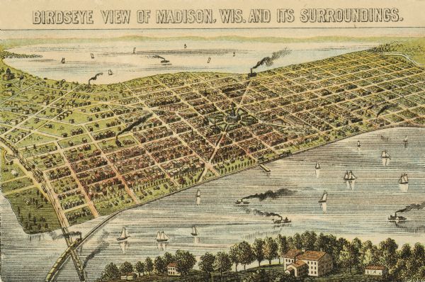 Bird's-eye map of Madison. The Lakeside House resort is in the foreground, which burned in 1877, in what is now Olin Park.