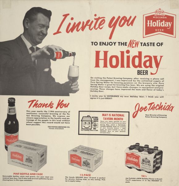 Poster of the Potosi Brewing Company, advertising a new holiday beer introduced by the new director of brewing, Joe Tschida.  The poster includes his photograph and illustrations of the various containers in which the beer can be purchased.