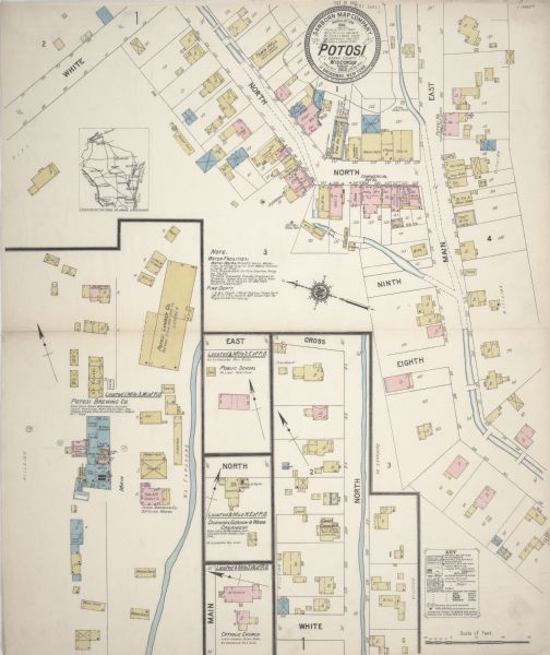 Sanborn insurance map of the main street in Potosi, Wisconsin, with an inset for the Potosi Brewery.