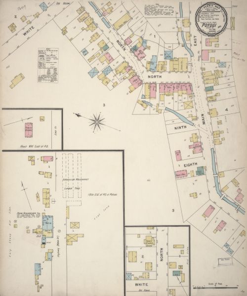 Sanborn map showing the main street of Potosi, Wisconsin, with an inset for the Potosi Brewery.