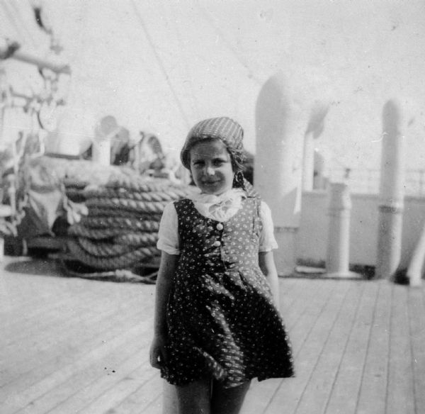 Holocaust survivor Susanne Hafner Goldfarb as a young girl, on deck of the S.S. <i>Conte Bianco Mano</i>, en route to Shanghai.