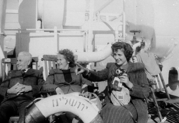 Susanne Hafner Goldfarb (right), Max Hafner (left), and Martha Hafner (center) on S.S. <i>Jerusalem</i> en route to the United States.