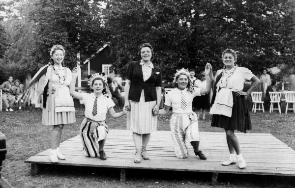 Rosa Goldberg Katz and friends perform on stage at a camp for Jewish Holocaust survivors; Holsbybrunn, Sweden.