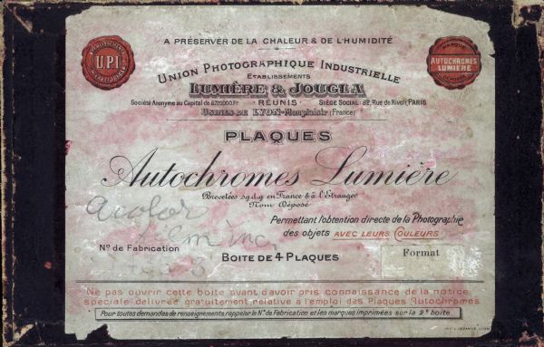 Autochrome Lumiere plate box cover that originally contained four plates (plaques).