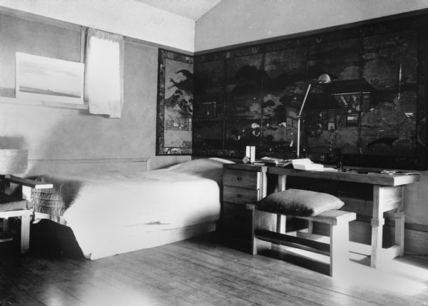 Interior of one of the apprentice's rooms at Taliesin. Taliesin was the summer home of architect Frank Lloyd Wright and the Taliesin Fellowship. Taliesin is located in the vicinity of Spring Green, Wisconsin.