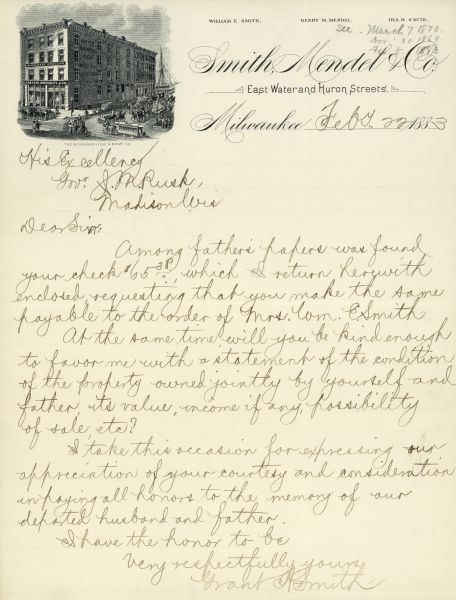 Engraved letterhead of the firm of Smith, Mendel & Co., a wholesale grocery merchant. William E. Smith was a prominent Milwaukee businessman, partner in the firm Smith, Roundy & Co., and Republican governor. The engraving shows the storefront at the intersection of East Water and Huron Streets, with the Milwaukee harbor beyond.