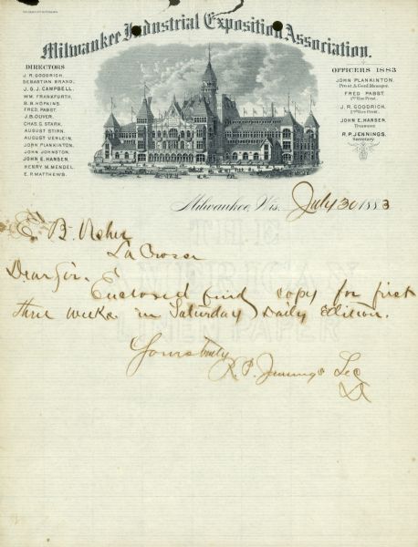 Letterhead stationery of the Milwaukee Industrial Exposition Association, with an engraving of the building constructed for that event.