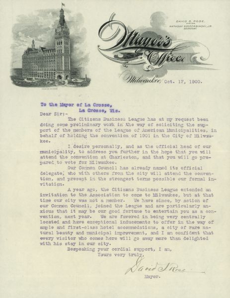 Letterhead stationery of David S. Rose, the mayor of Milwaukee, showing an engraving of Milwaukee City Hall.