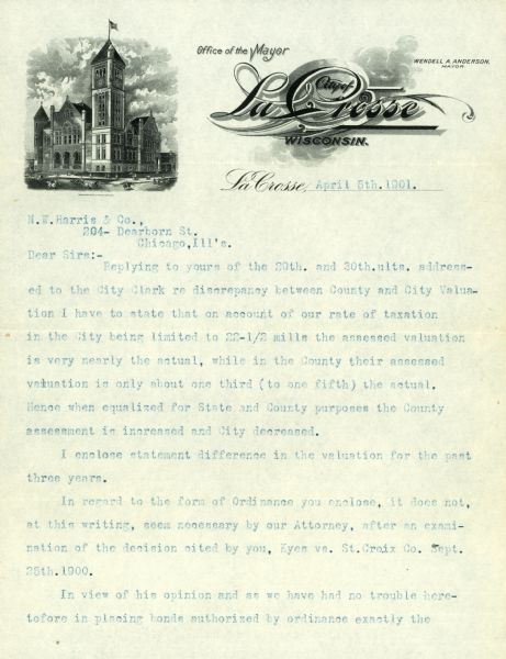 Letterhead stationery of Wendell Anderson, the mayor of La Crosse, with an engraving of city hall.