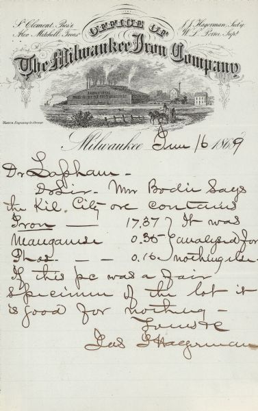 Letterhead stationery featuring an engraving of the Milwaukee Iron Company foundry. The letter is from an officer of the company to noted geologist Increase A. Lapham, and it concerns their common interest in iron ore.