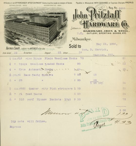Invoice of the John Pritzlaff Hardware Company of Milwaukee with an engraved illustration of the company warehouse.