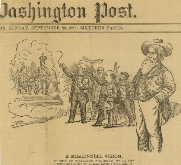 Political cartoon from the <i>Washington Post</i>. It refers to the role of Jeremiah M. Rusk, the Secretary of Agriculture from Wisconsin, in negotiating international trade agreements.