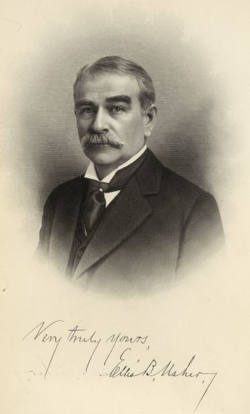 Engraved portrait of Ellis B. Usher, editor and prominent Wisconsin Democrat, from the frontispiece of his multi-volume history of Wisconsin.
