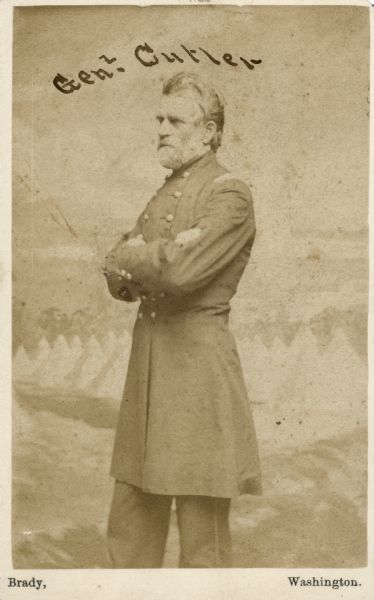 Carte-de-visite portrait of General Cutler in front of a painted backdrop.