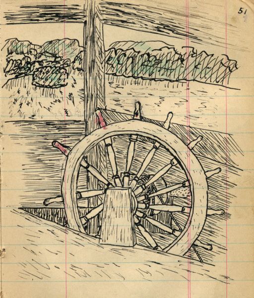 Drawing of a ship's steering wheel with river and trees visible through the cabin.